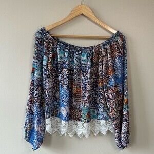 Aqua Multicolor Pattern Off the Shoulder Style Shirt Size Small
